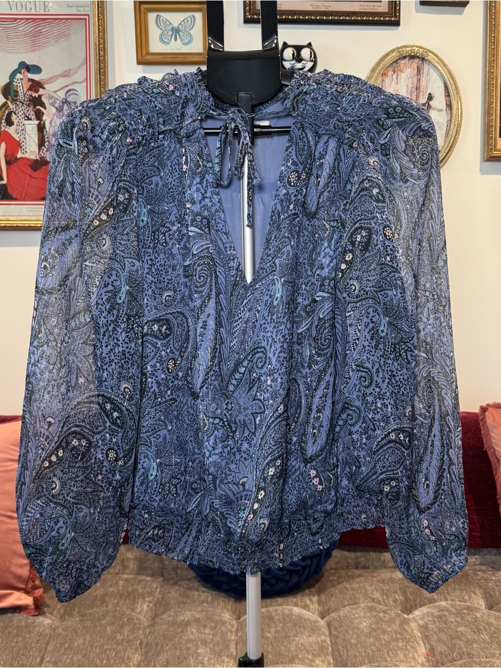 Lucky Brand Blue Paisley Tie-Neck Long-Sleeve Blouse